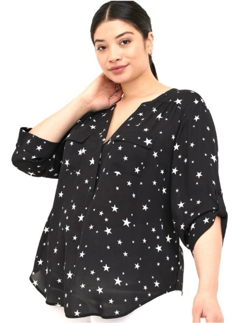 NWT Torrid Harper Georgette Star Pullover  3/4 Sleeve Blouse Size 00 (M) 10